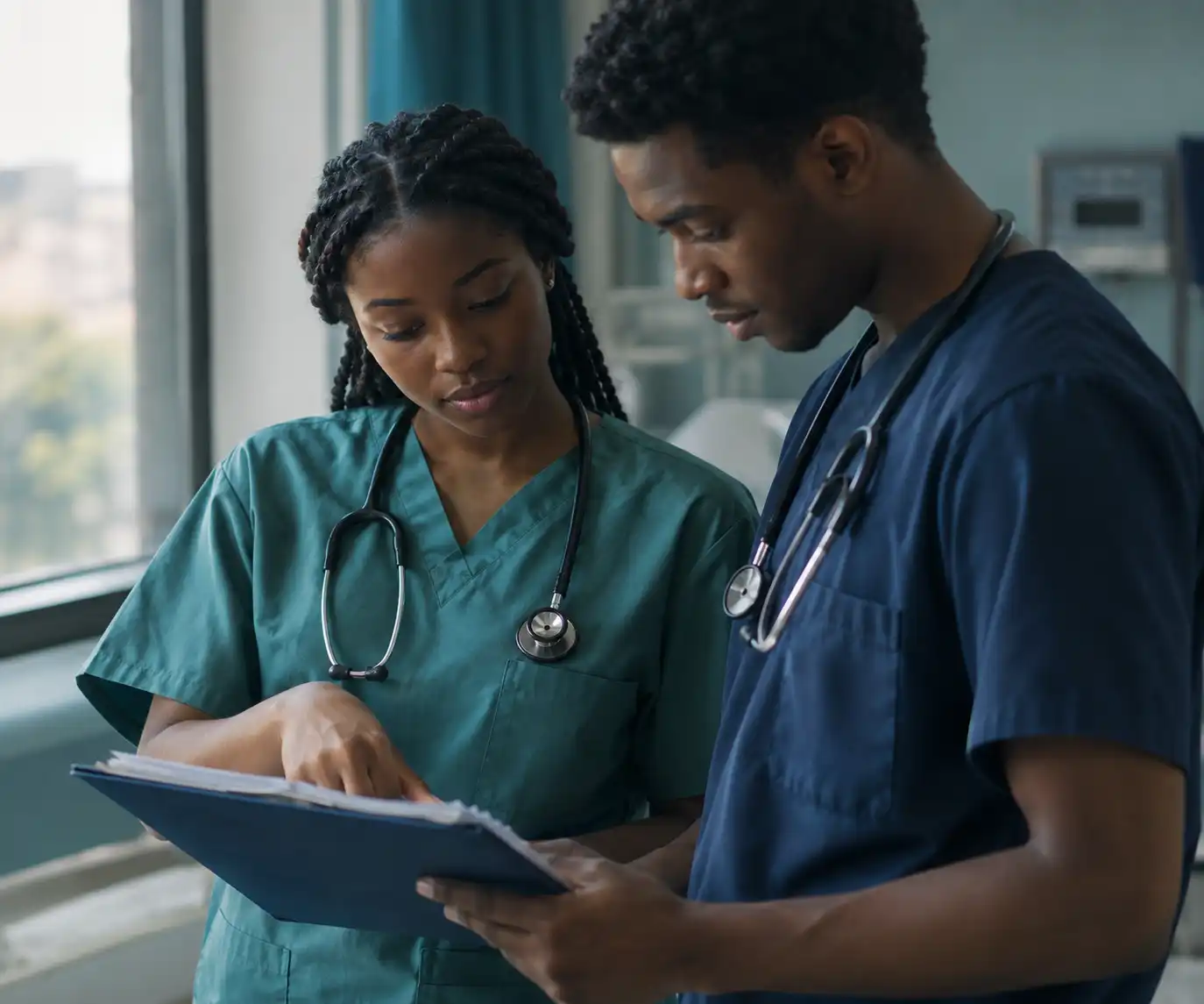 A clinician and a colleague reviewing a patient record together